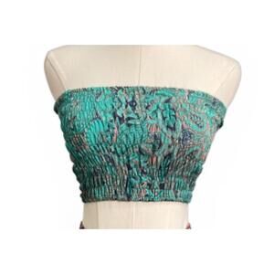 Rhea Turquoise Paisley Smocked Tube Top One Size NWT Silk Blend Boho